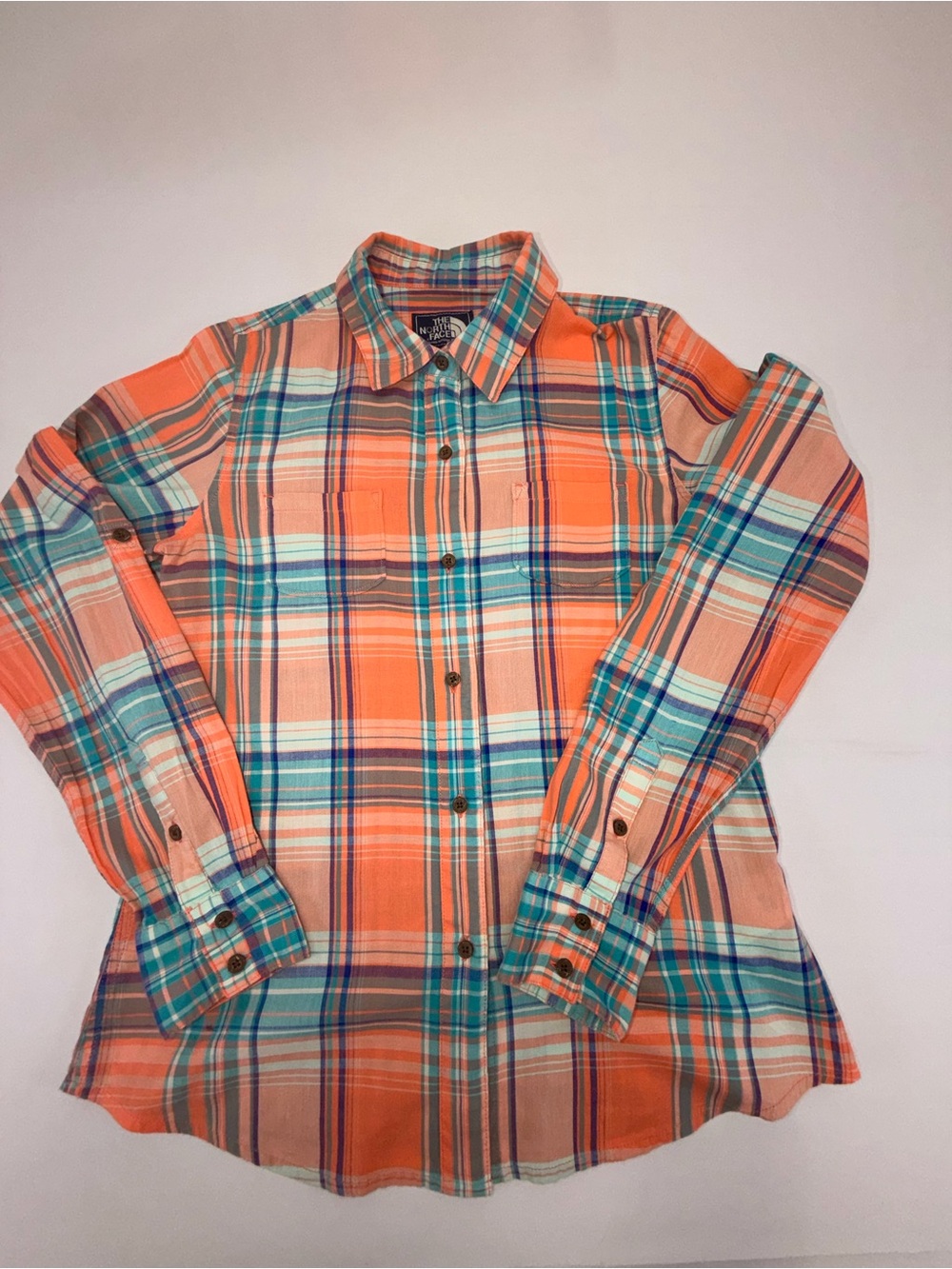 The North Face Womens S Plaid Button Down Shirt Orange Teal Long Sleeve Cotton